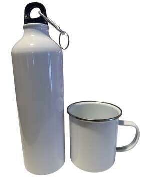 Blank White Sublimation Aluminum Water Bottle and Enamel Mug Set